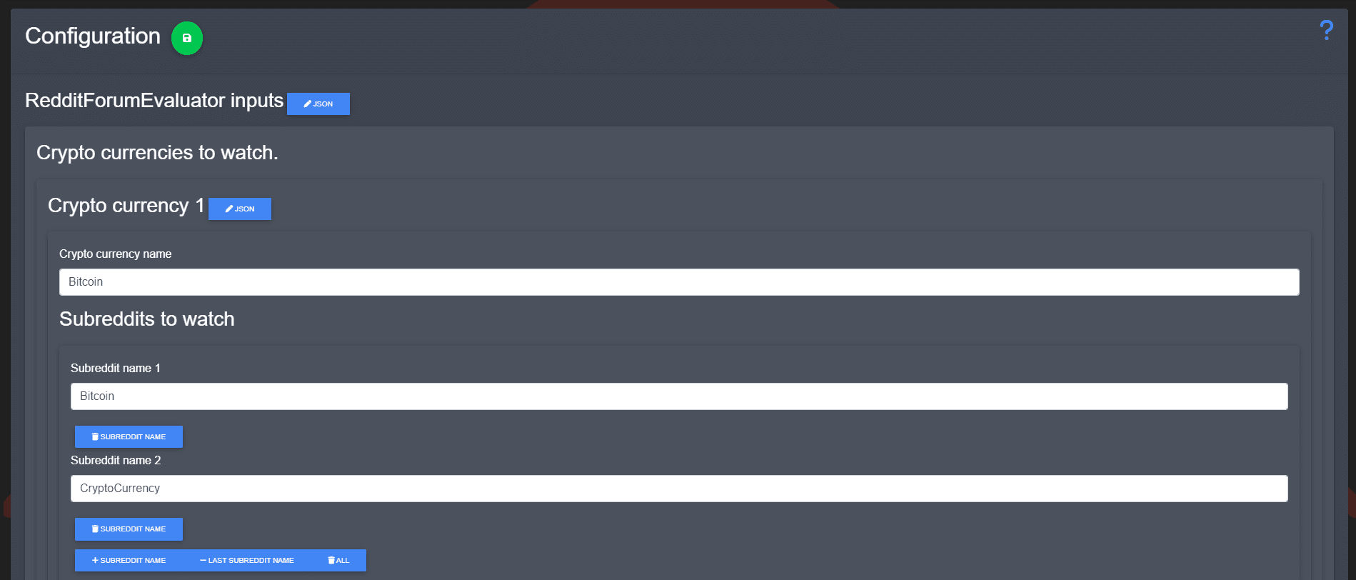 RedditForumEvaluator configuration to select subreddits to follow