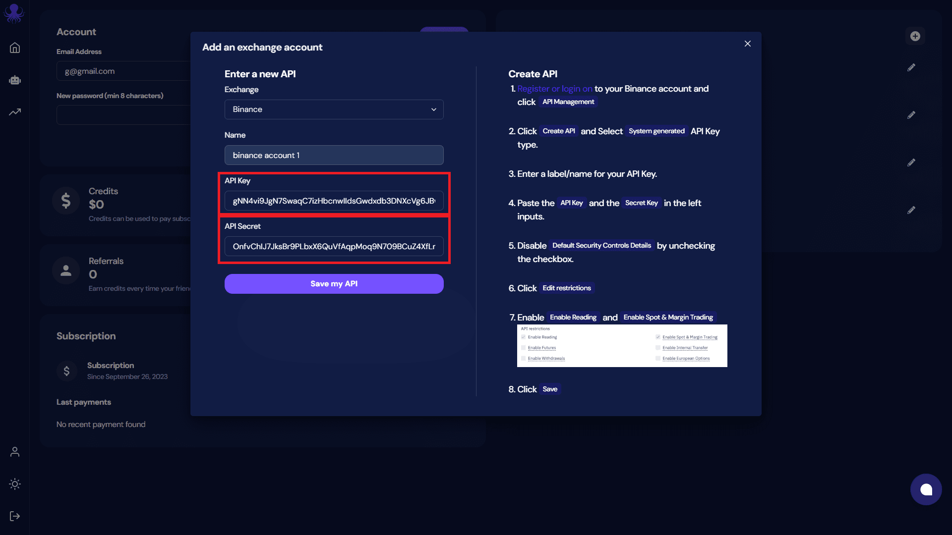 add API Key to octobot cloud from profile