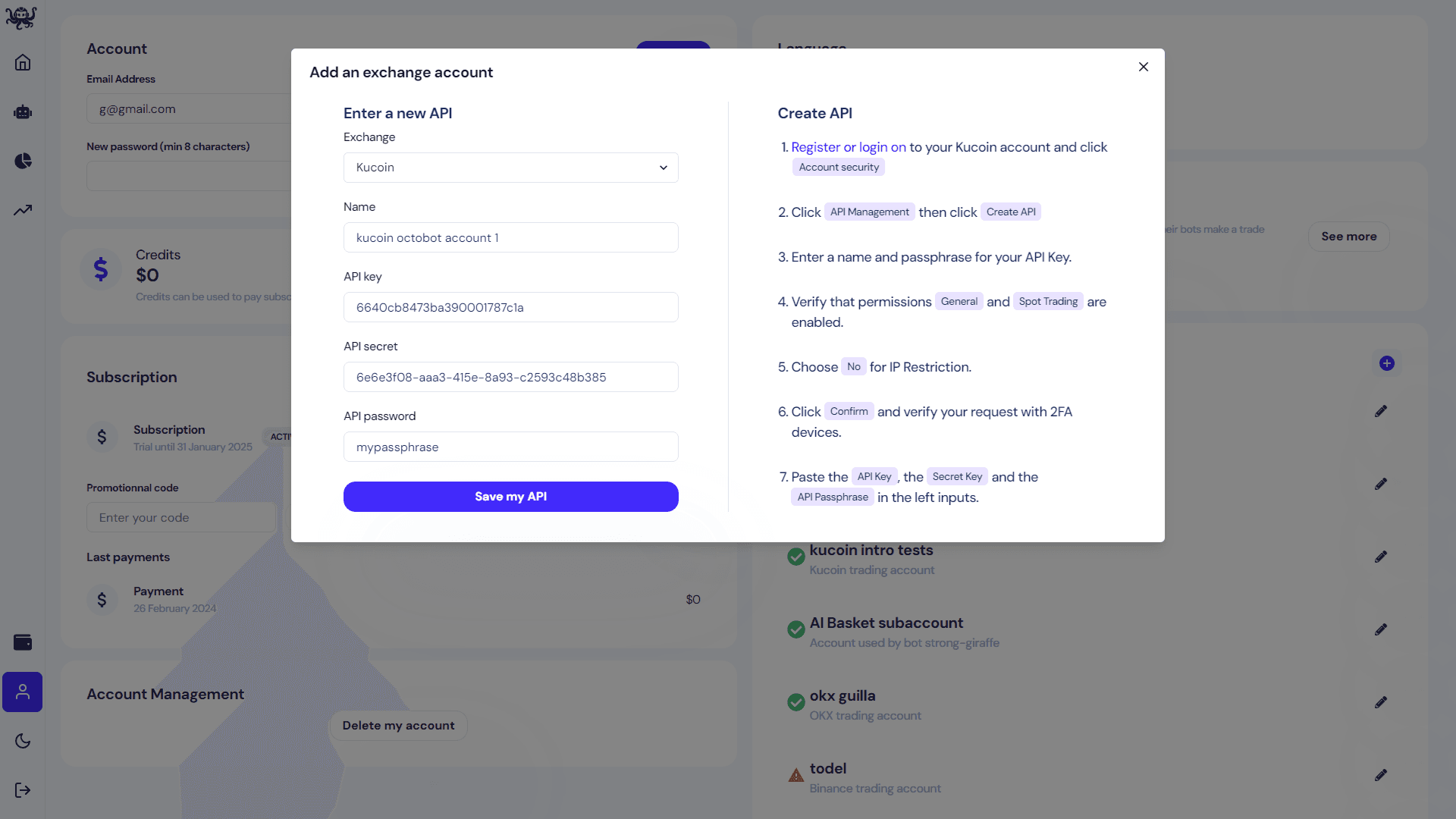 add API Key to octobot cloud from profile