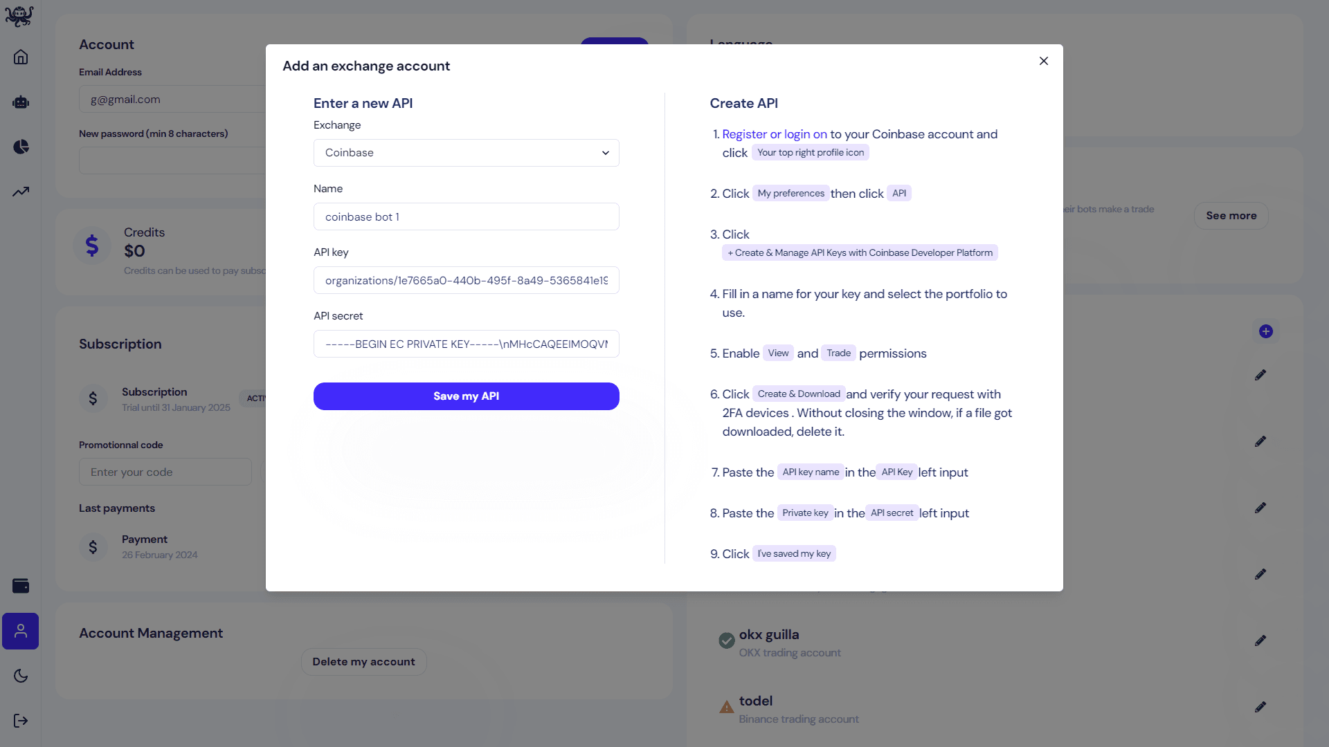 add API Key to octobot cloud from profile