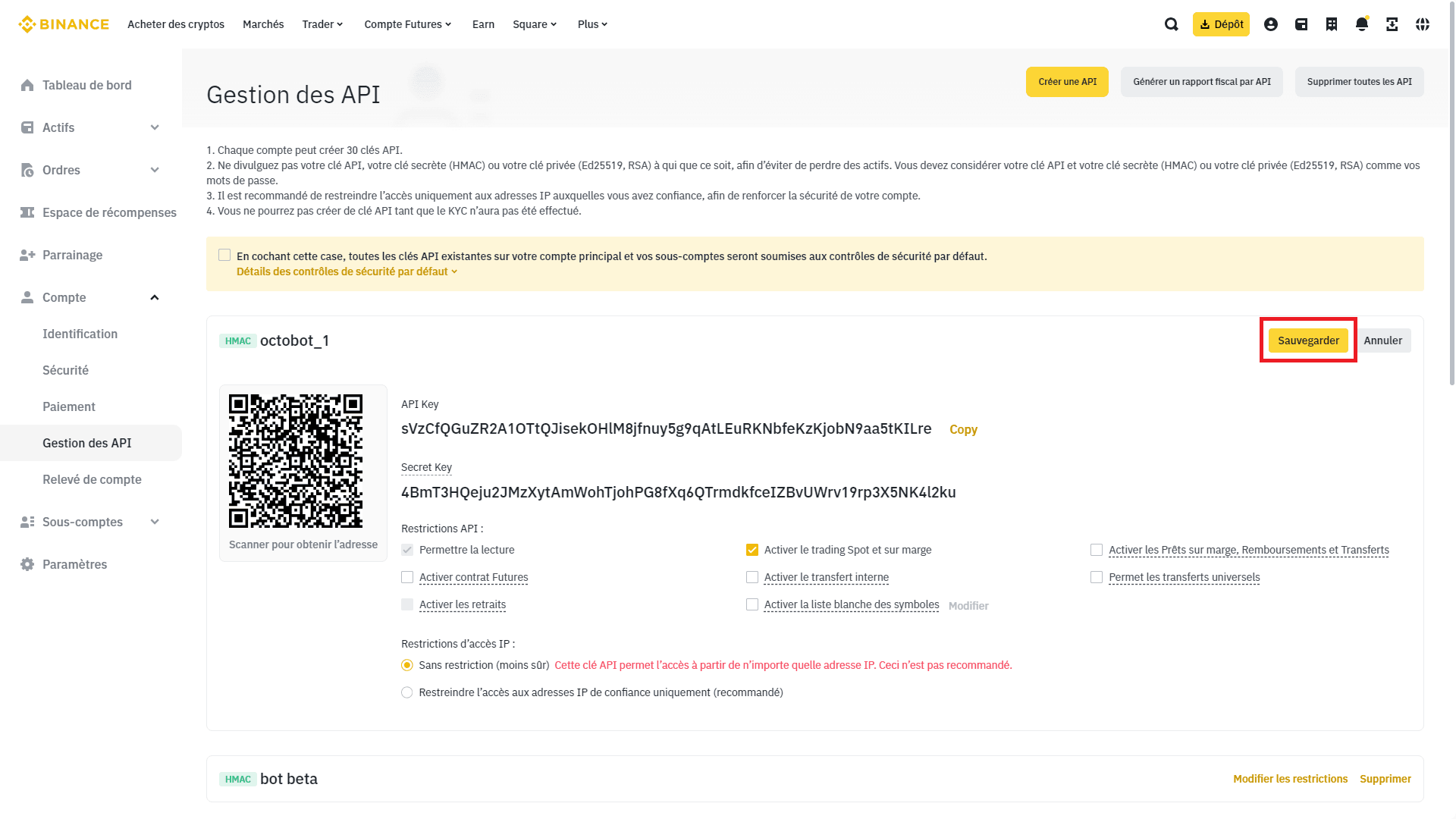 api cree ajouter trading permission sauvegarder