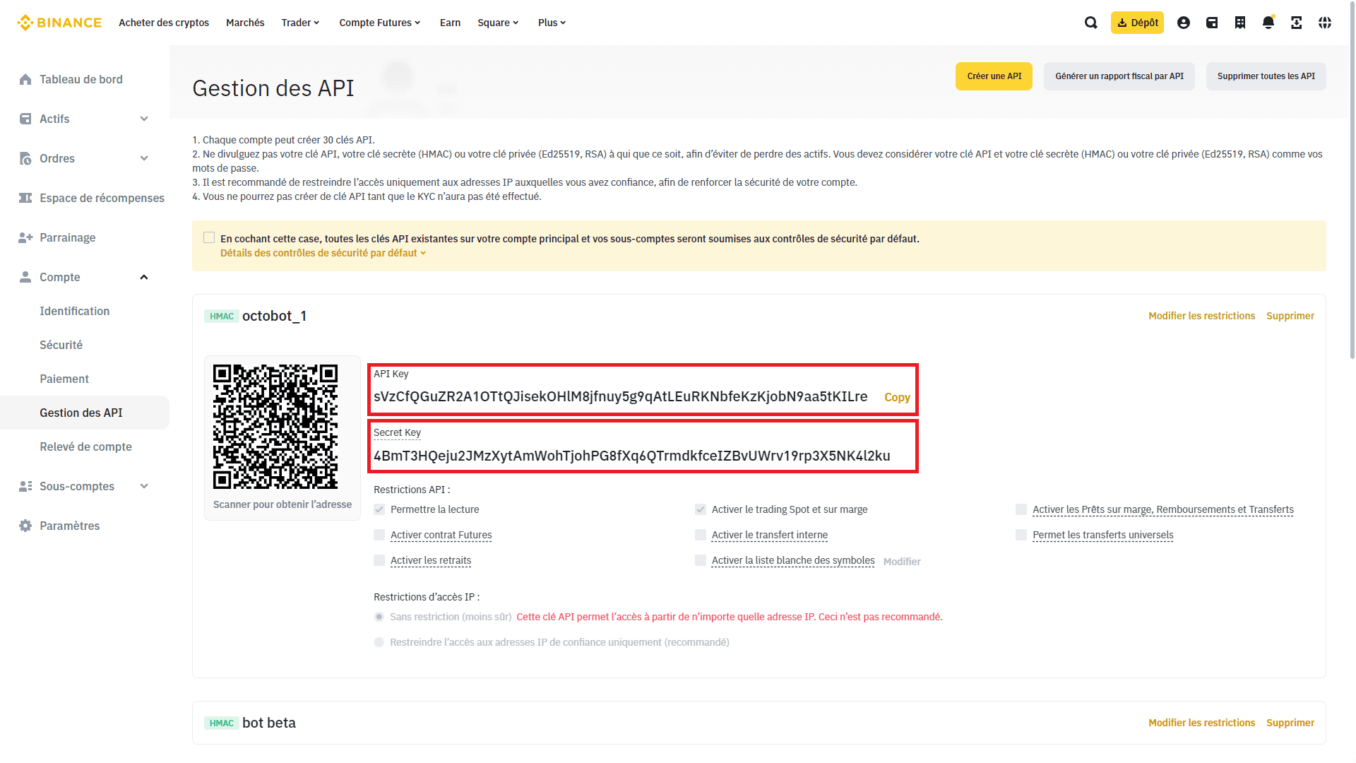 api cree key selectionnees