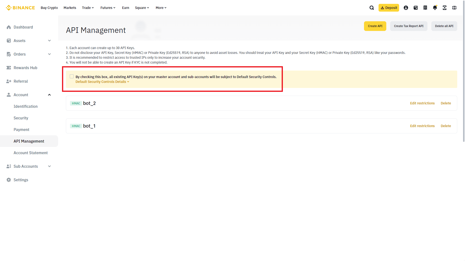 apis list default security controls