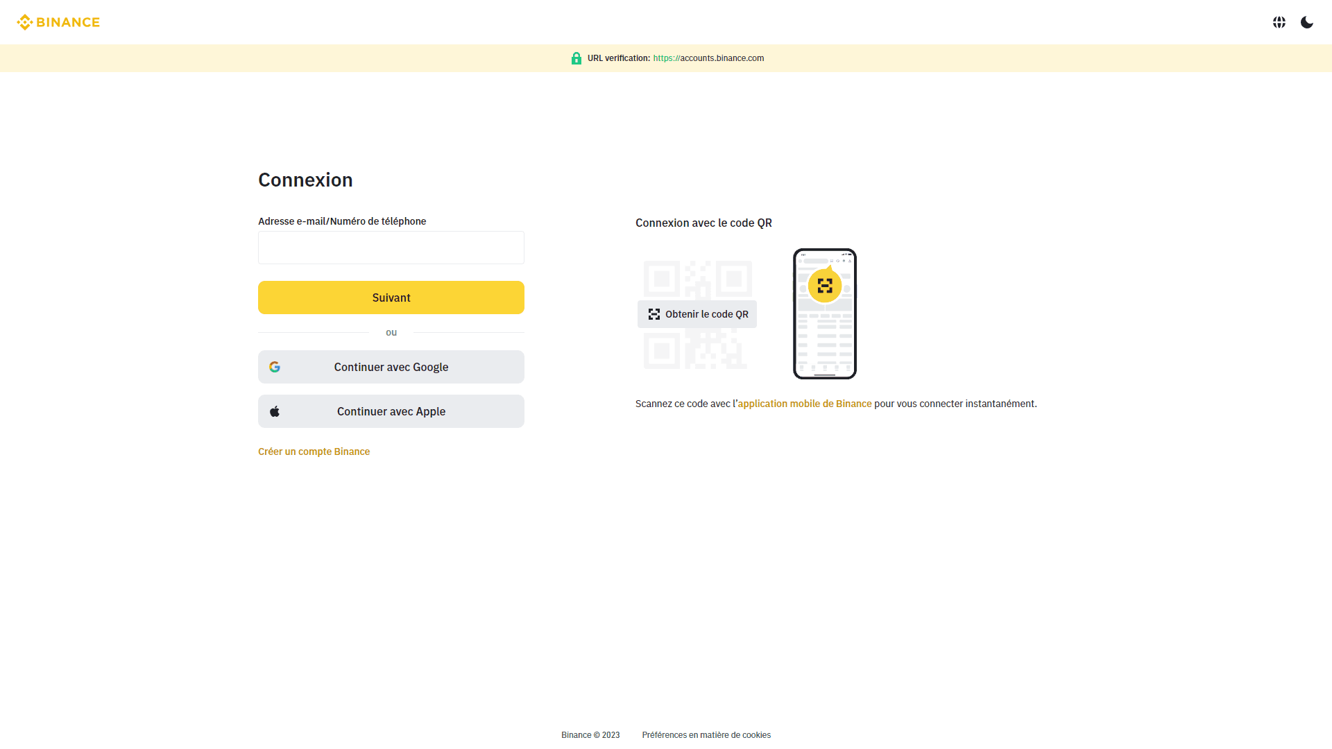 connection au compte binance