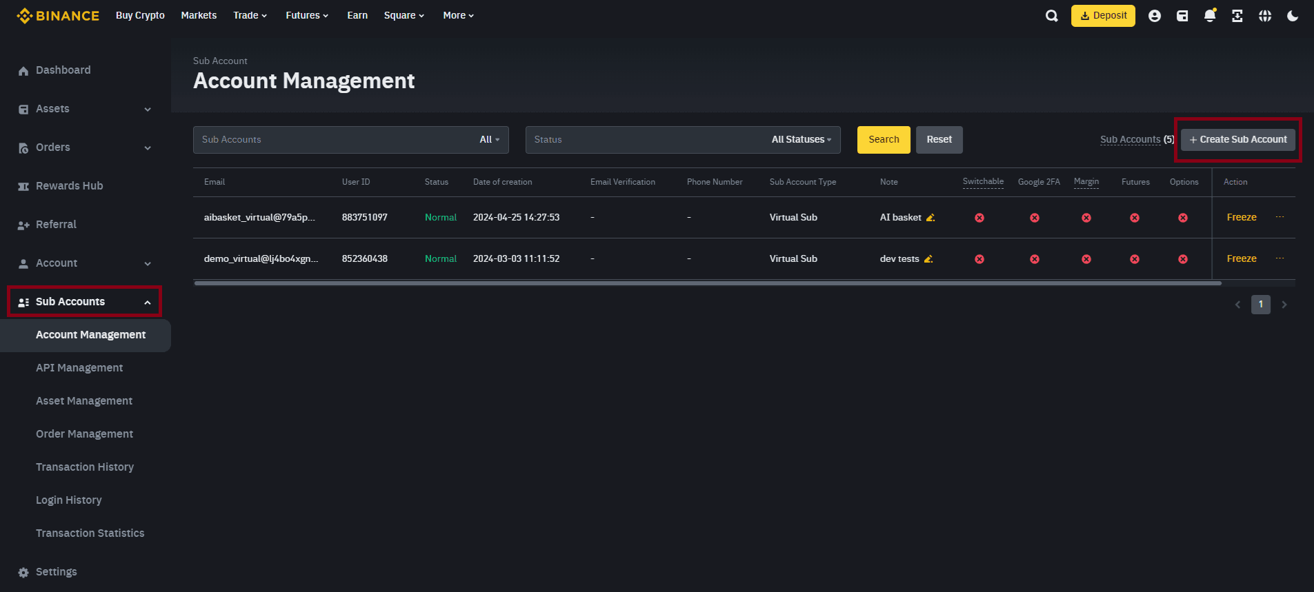 binance subaccounts