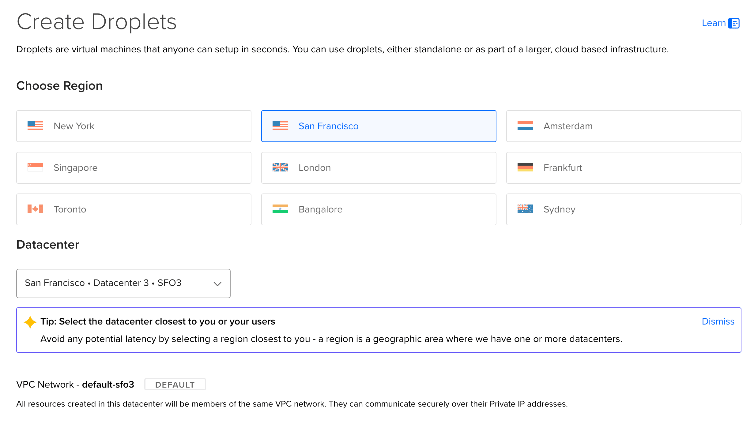 Choix de région du Droplet de DigitalOcean