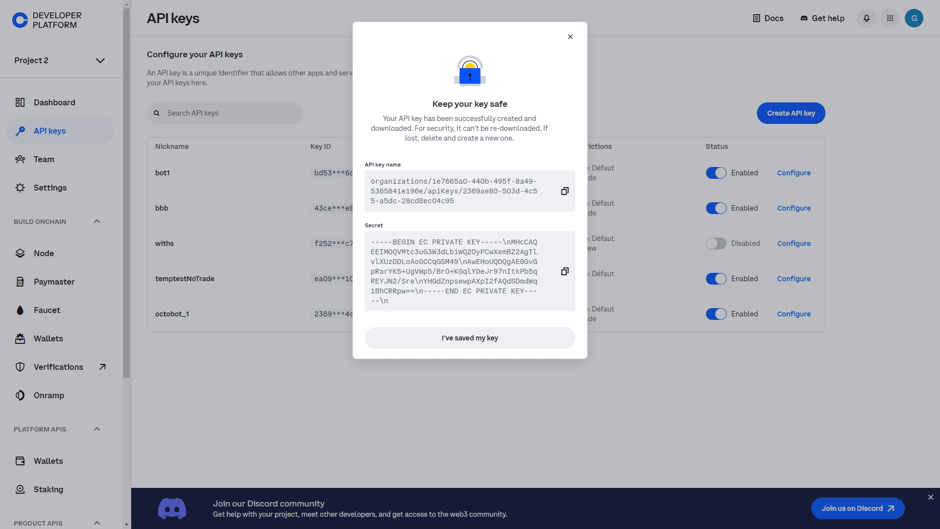 coinbase api key created