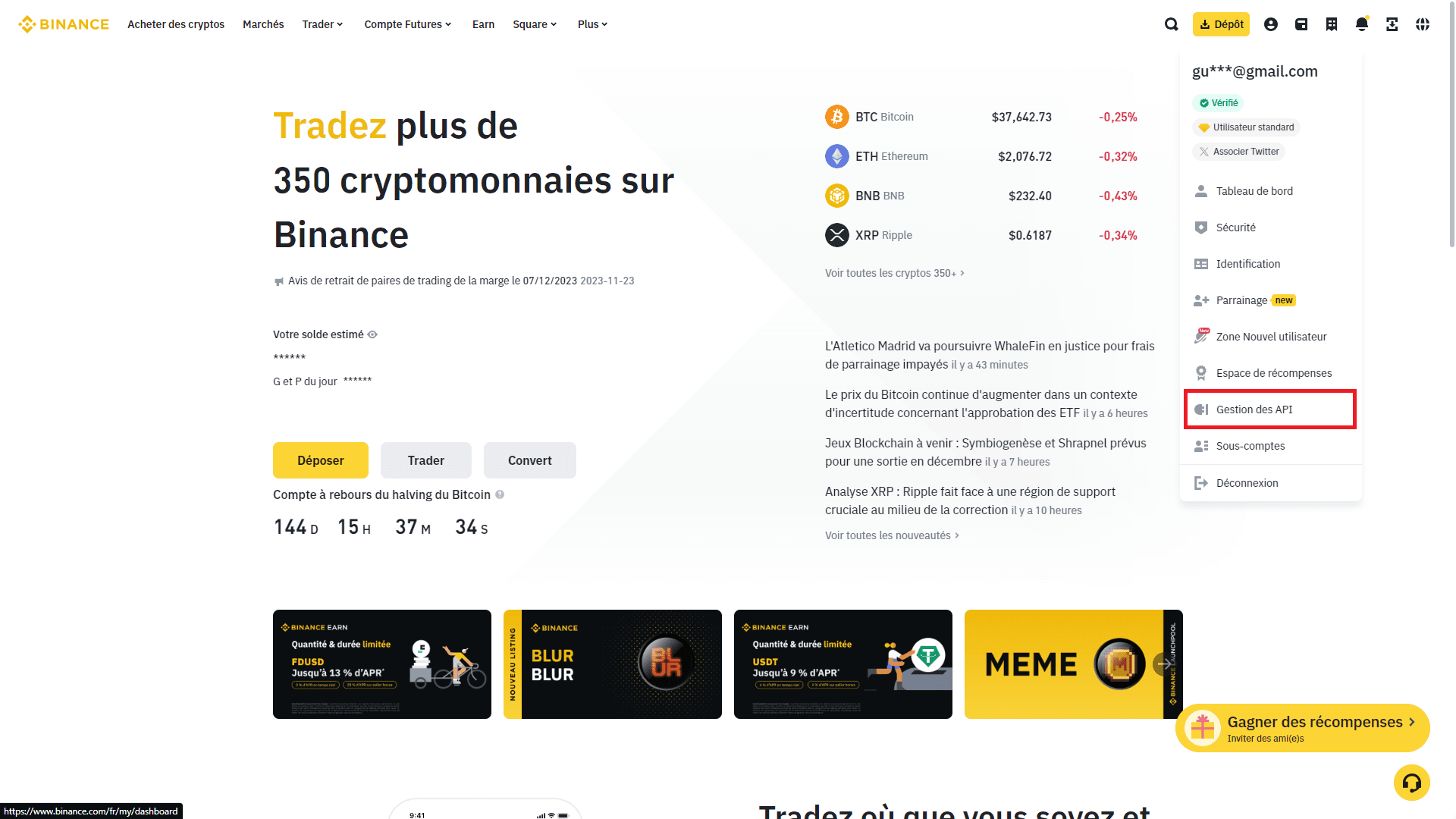 compte lien gestion des api depuis navbar