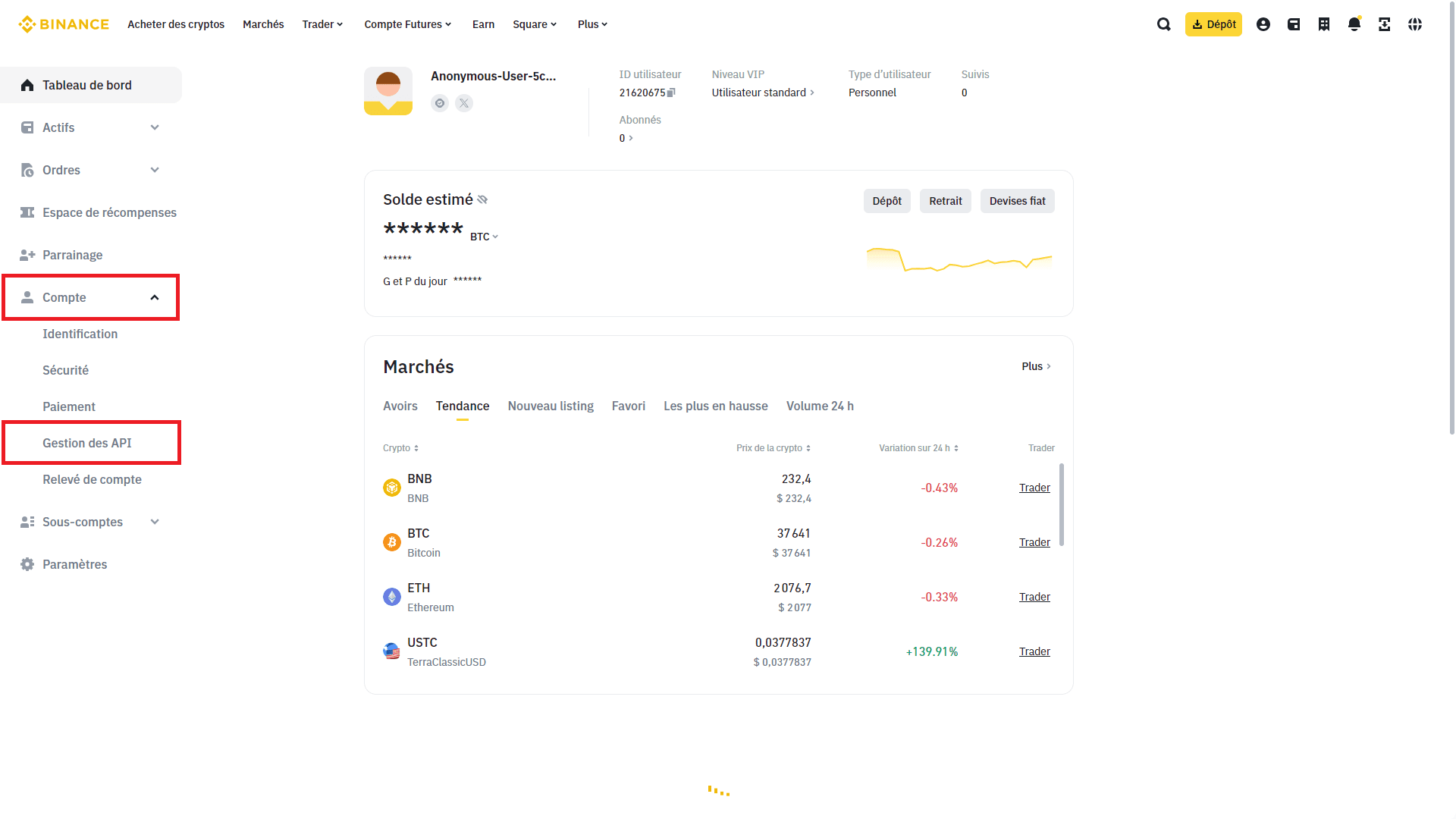 compte lien gestion des api