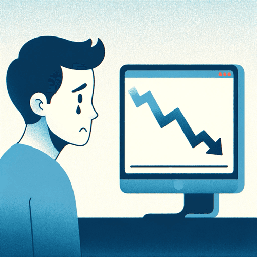 Une personne regarde anxieusement un ordinateur avec un graphique de marché crypto en baisse, illustrant le FUD dans la cryptomonnaie.