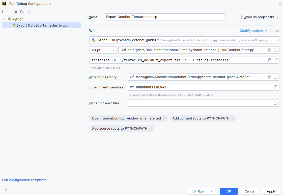 create pycharm export tentacles config