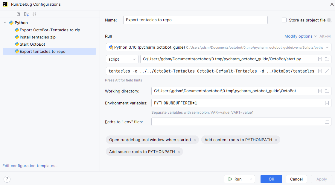 create pycharm export tentacles to repo config