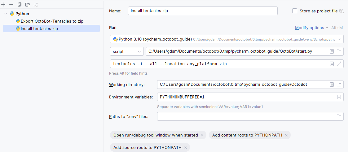 create pycharm install tentacles config