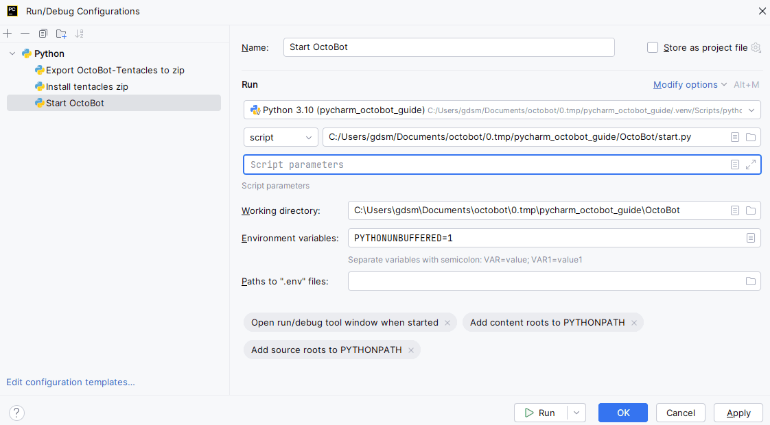 create pycharm start octobot run config