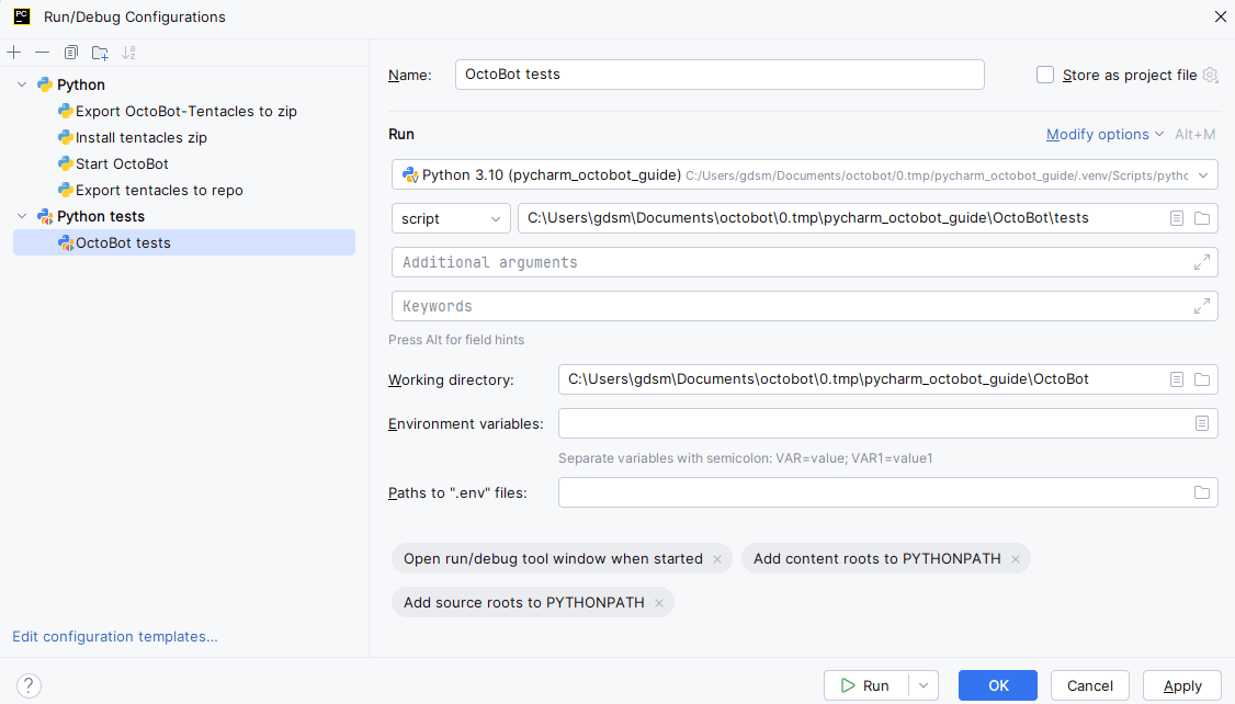 create pycharm tests config