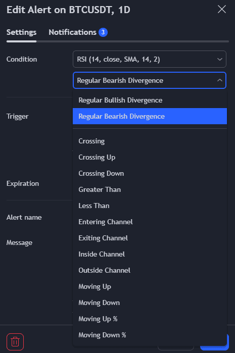 creating a indicator alert from tradingview trigger options