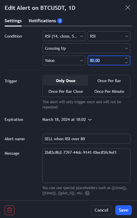creating an indicator alert from tradingview