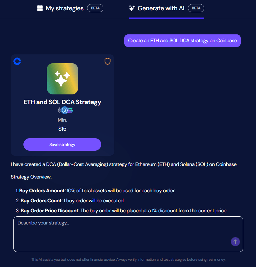 creating a sol eth usdc dca strategy on conbase using ai