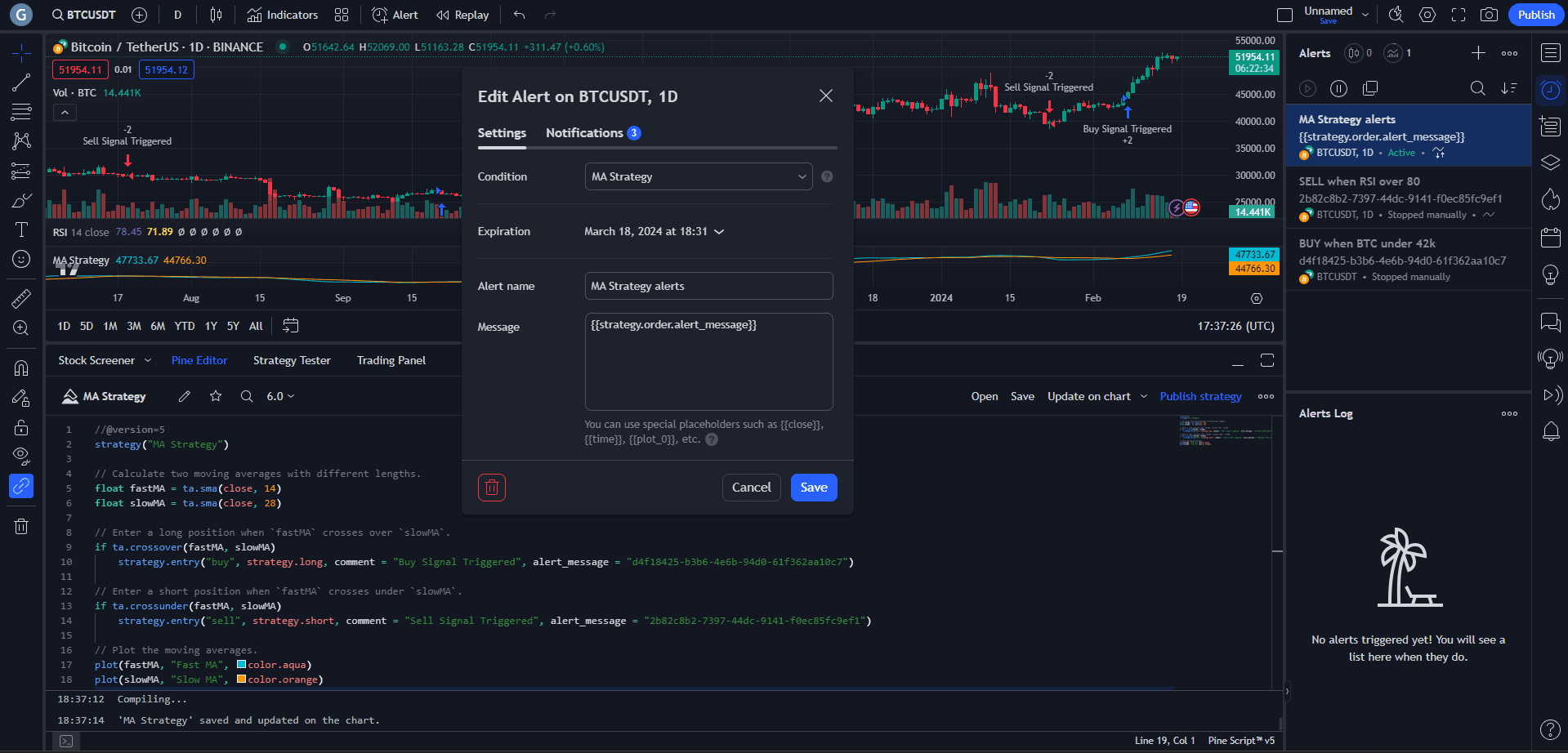 creating a strategy alert from tradingview