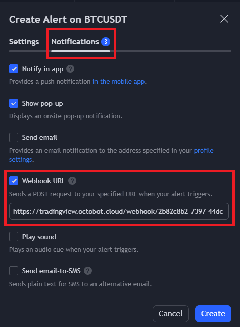 creating an alert from tradingview webhook url
