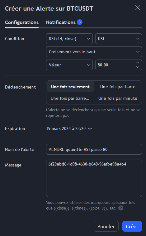 creer une alerte depuis un indicateur tradingview