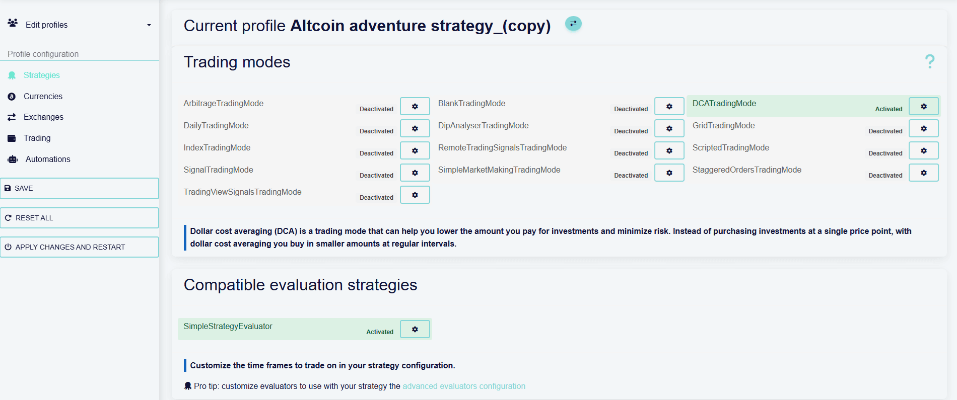 custom profile trading modes selector