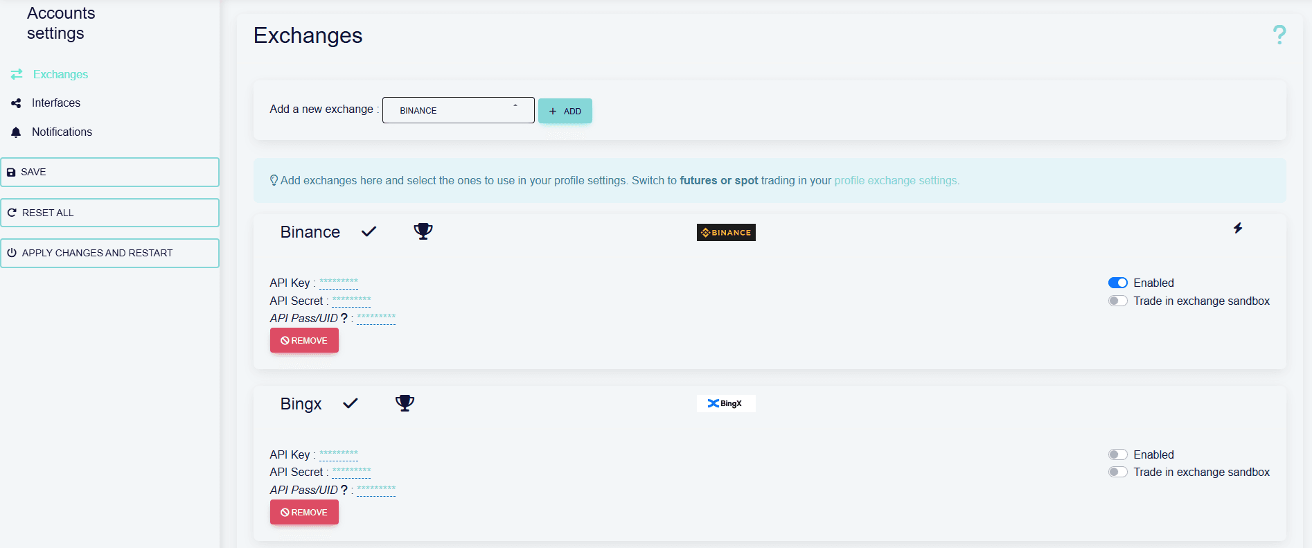 exchange accounts configuration in octobot