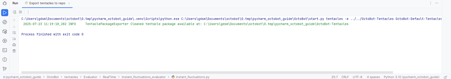 execute pycharm export tentacles to repo