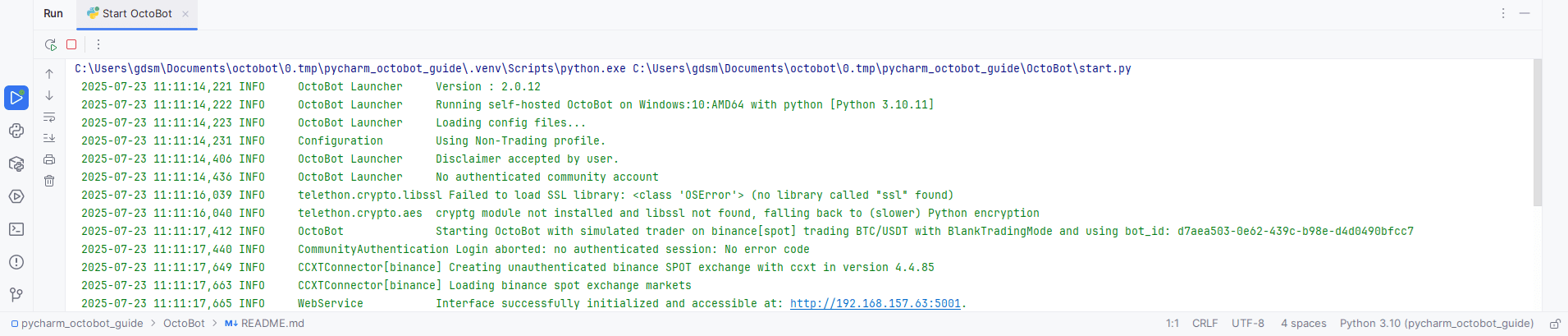 execute pycharm start octobot