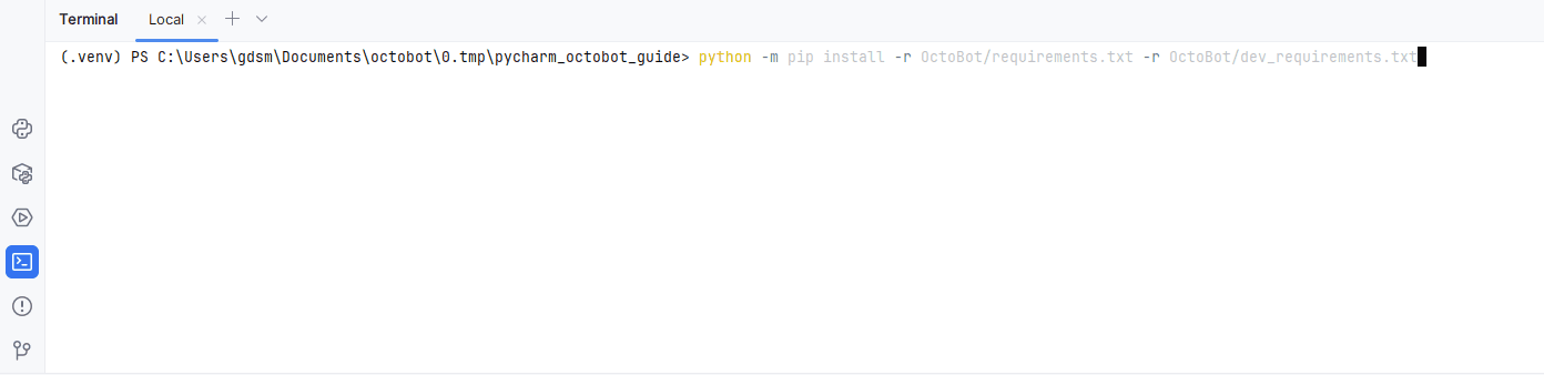 install octobot requirements from pycharm