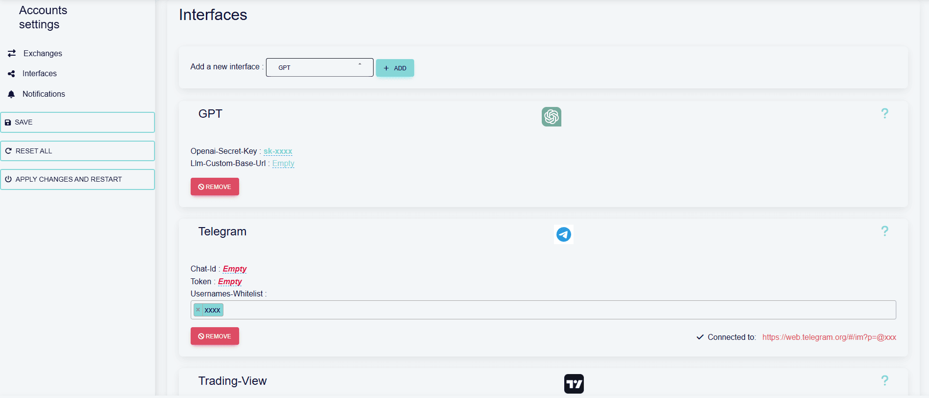 interfaces configuration in octobot