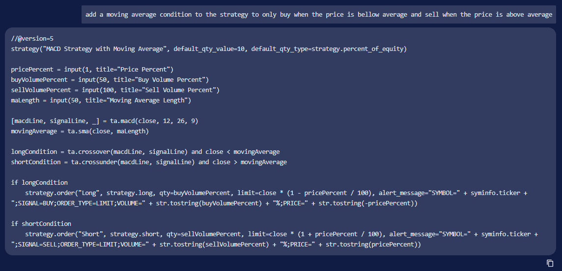 octobot ai strategy generator macd sma strategy pinescript code