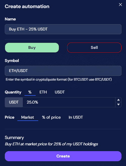 octobot automation buy eth 25 percent usdt