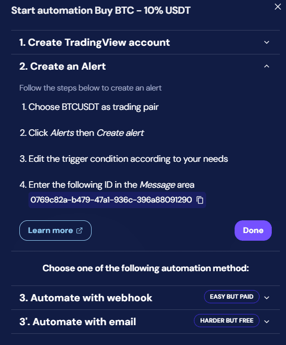 octobot automation connection panel