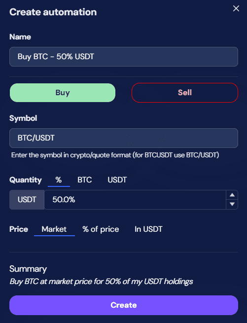 octobot automation create buy btc