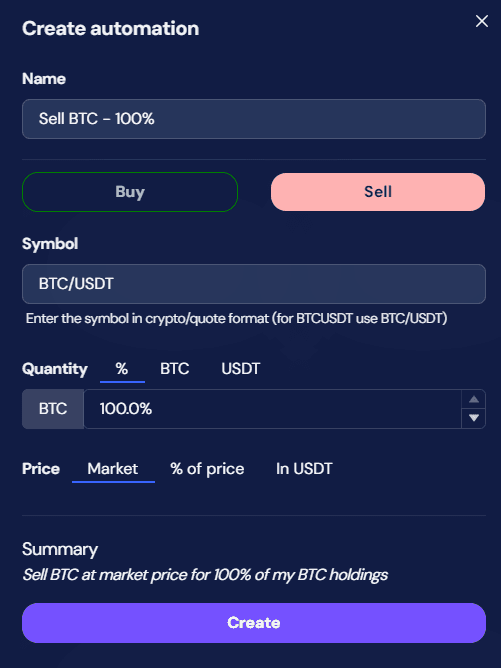 octobot automation create sell btc