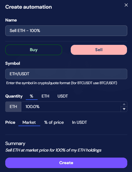 octobot automation sell 100 percent eth