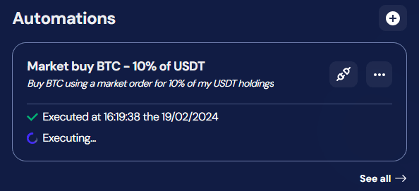 octobot automations view with executed tradingview alerts
