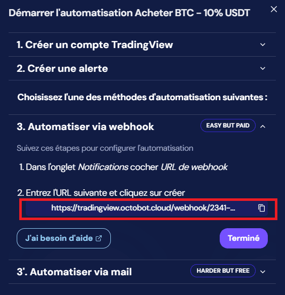 url du webhook octobot de l'automatisation