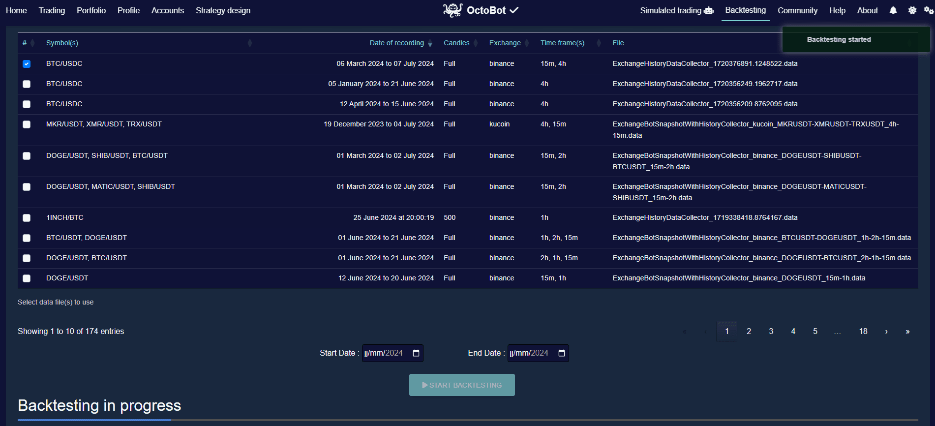 sélection du fichier de données pour le backtesting octobot