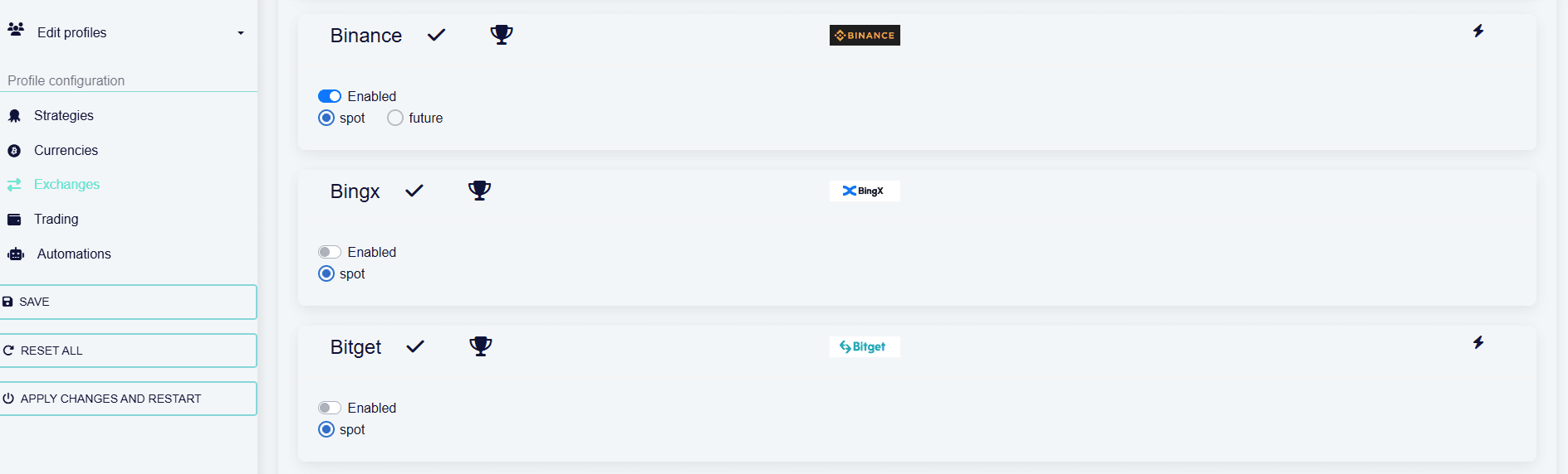 octobot exchanges settings from profiles