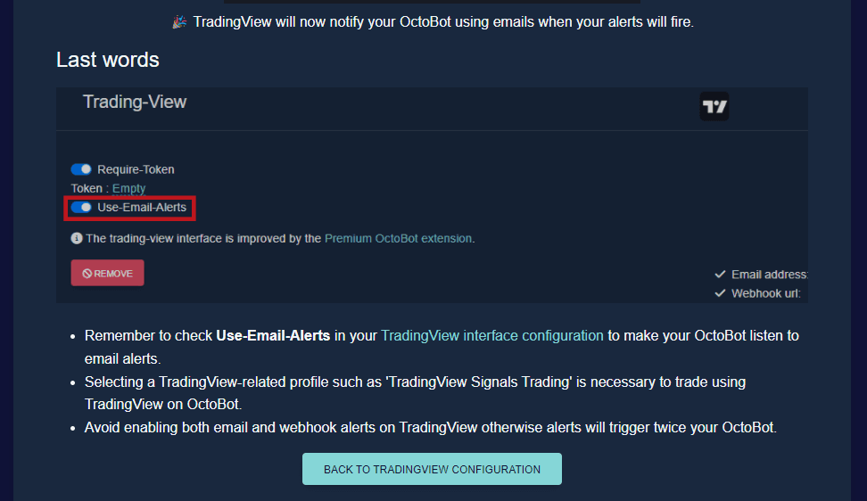 octobot open source dernière étape de configuration des mails d'alerte tradingview