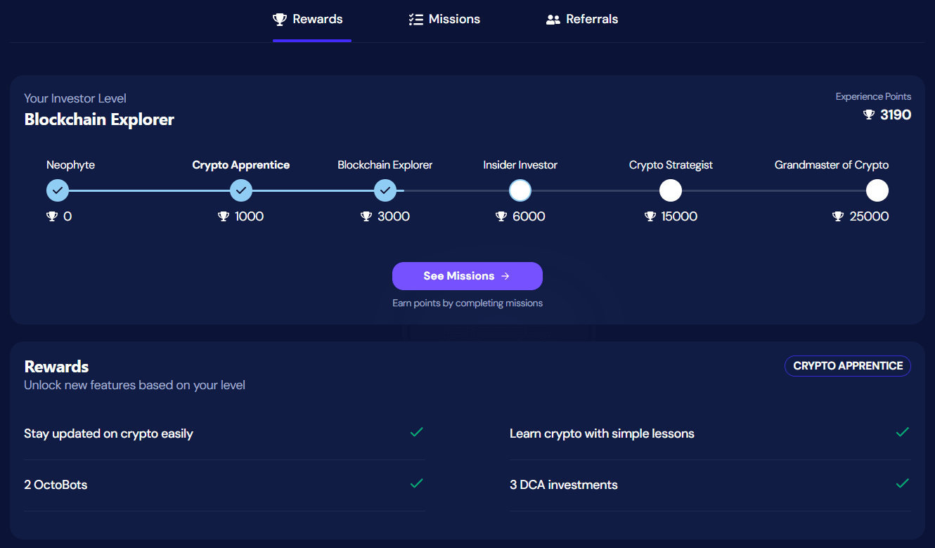 OctoBot rewards dashboard showing crypto apprentice rewards