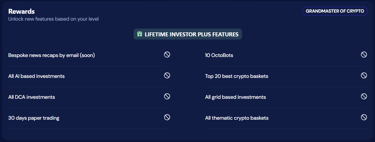 OctoBot rewards dashboard showing grandmaster of crypto rewards