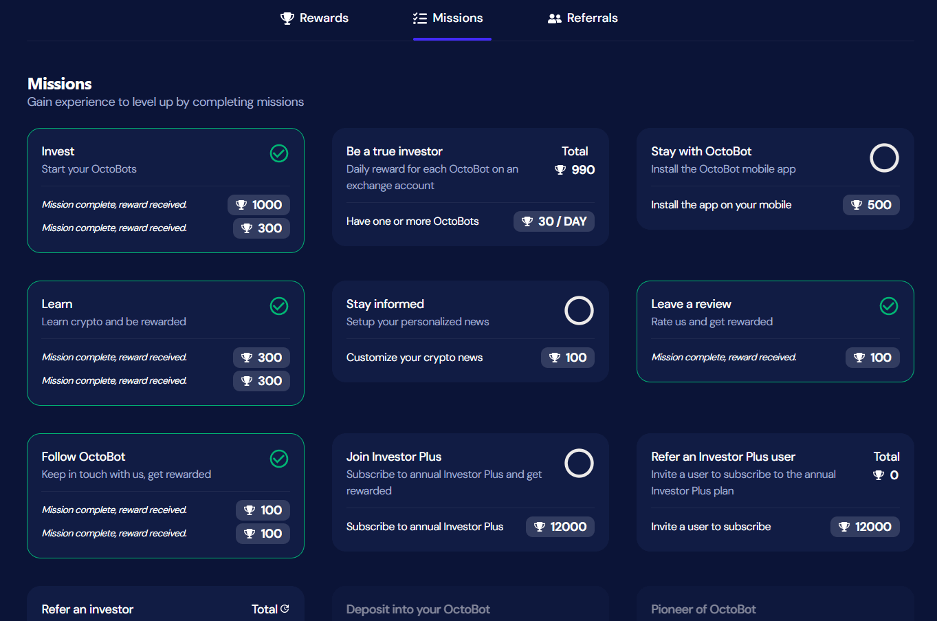 OctoBot rewards list with completed and uncompleted missions