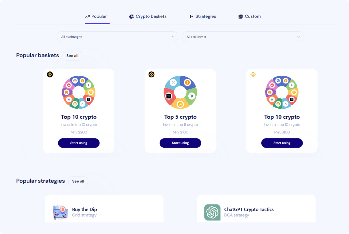 OctoBot strategy explorer with crypto baskets and dca strategies