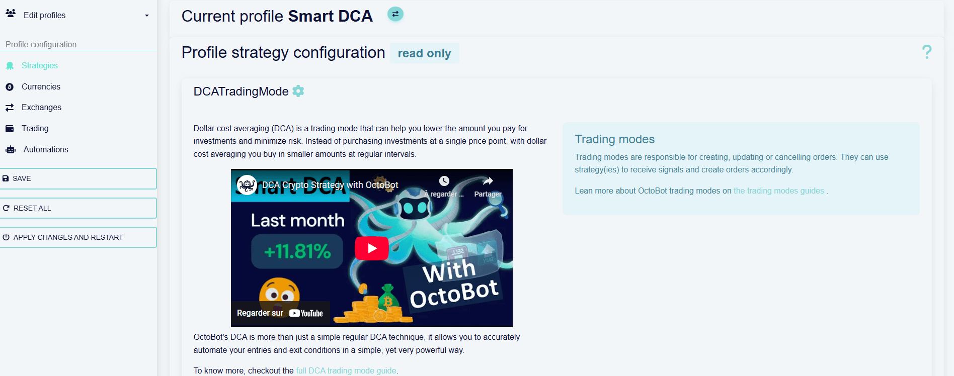octobot trading mode details from profiles