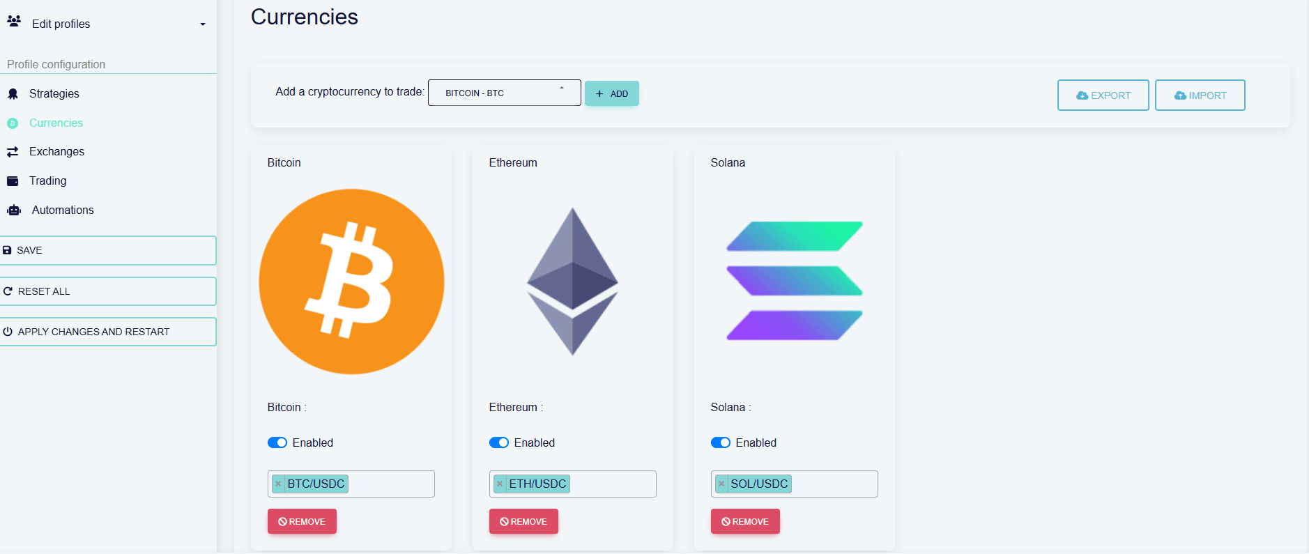 octobot trading pairs settings from profiles