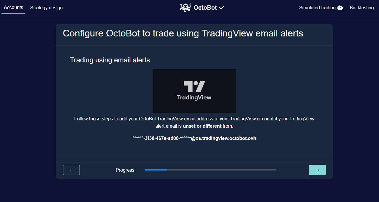 octobot open source début de la configuration du mail tradingview