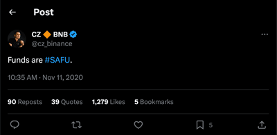 Tweet de Changpeng Zhao "SAFU"